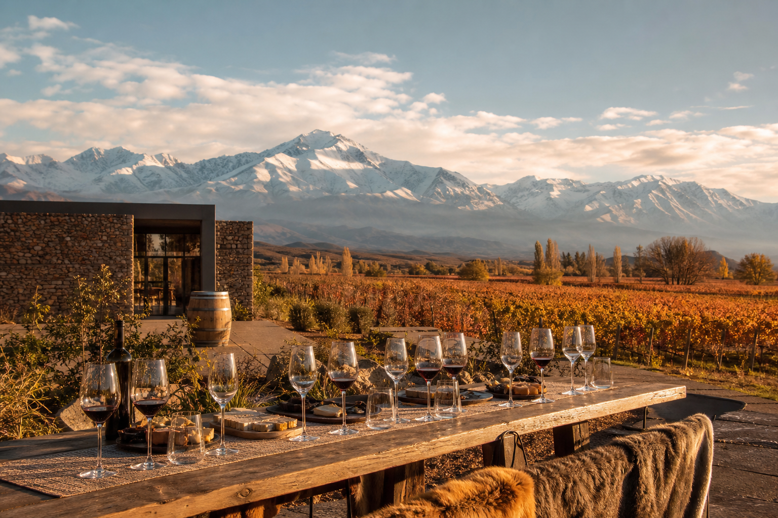 Viñedos y bodega de Mendoza frente a la Cordillera de los Andes durante una degustación al aire libre.