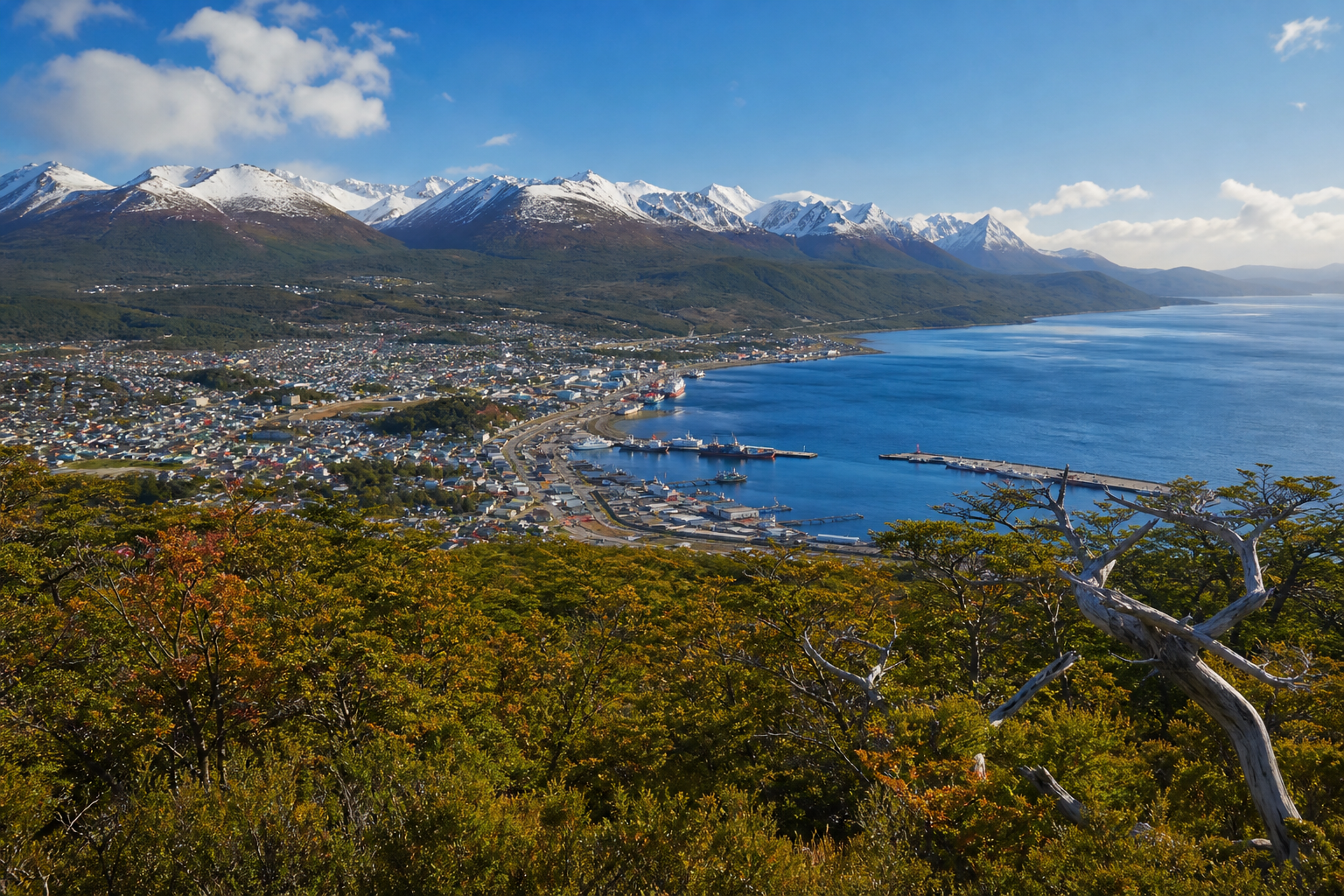Vista panorámica de Ushuaia con el Canal Beagle, montañas nevadas y el puerto bajo un cielo despejado.