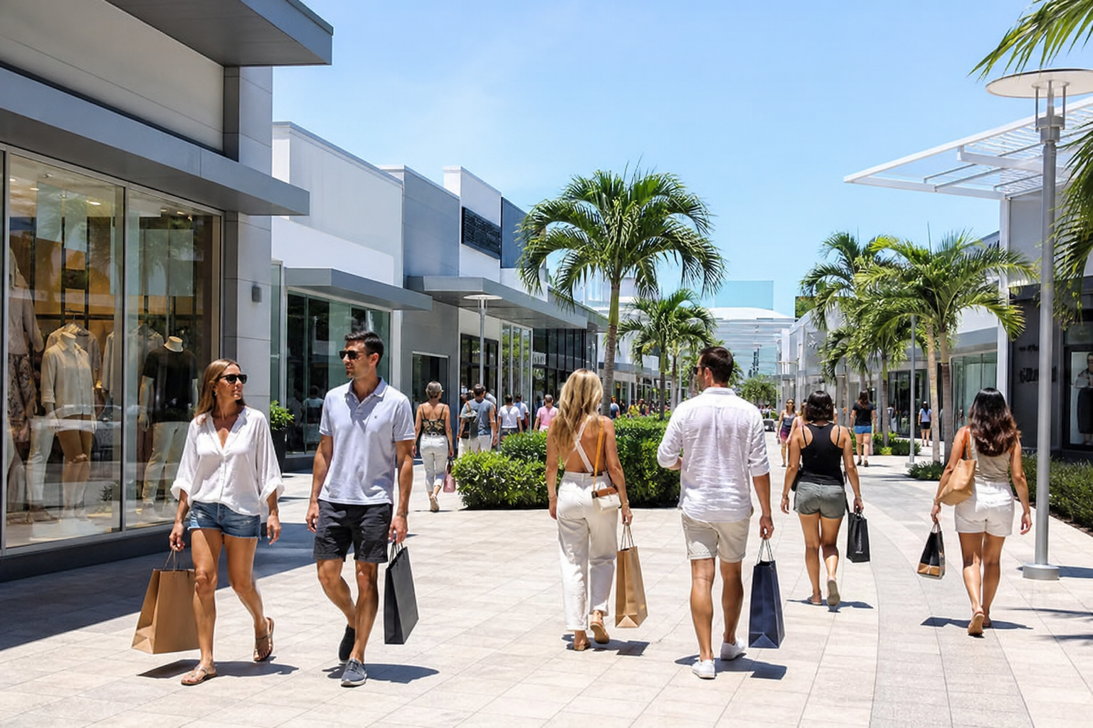 Compradores recorriendo un outlet de Miami con locales de marcas reconocidas, bolsas de compras y ambiente moderno.