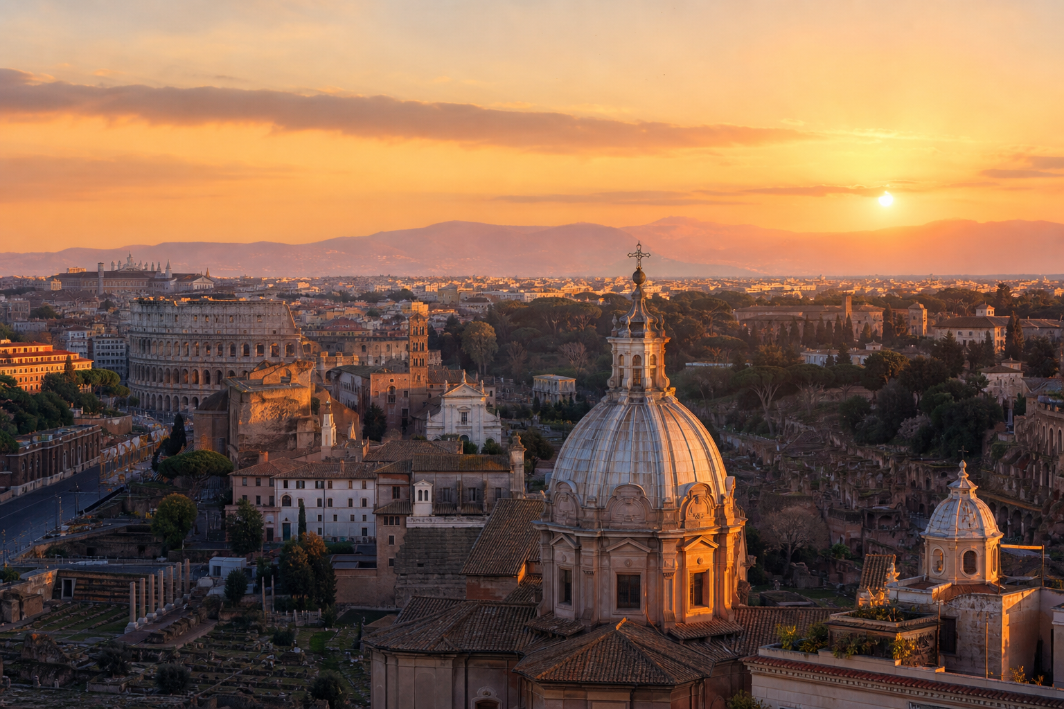 Vista panorámica de Roma al atardecer con la cúpula de San Pedro, terrazas históricas y calles adoquinadas iluminadas por la luz dorada.