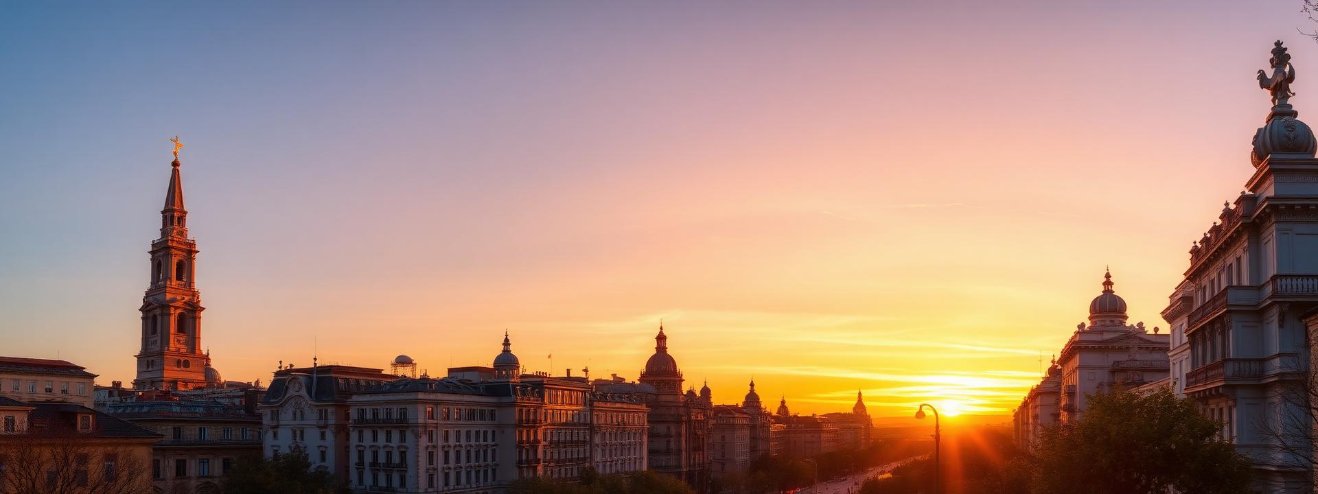 Vista panorámica de Madrid con la Plaza Mayor, la Gran Vía y el Palacio Real al atardecer