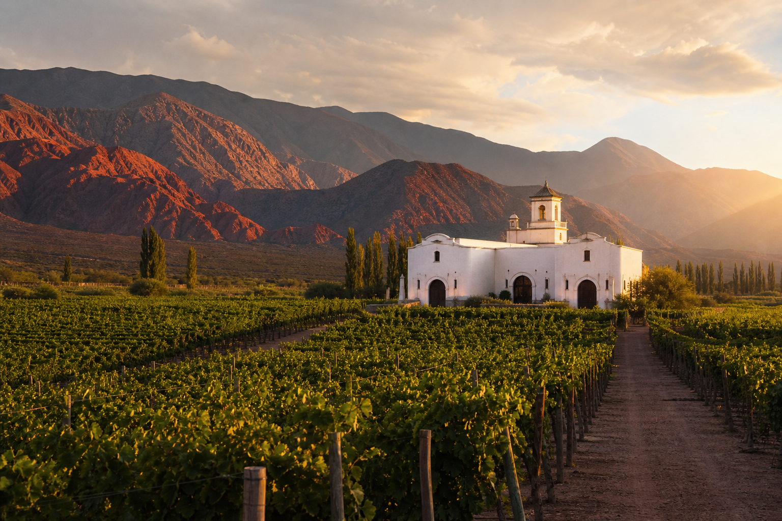 Viñedos de altura en Salta con montañas de los Valles Calchaquíes, hileras de vides y una bodega tradicional bajo un cielo azul.