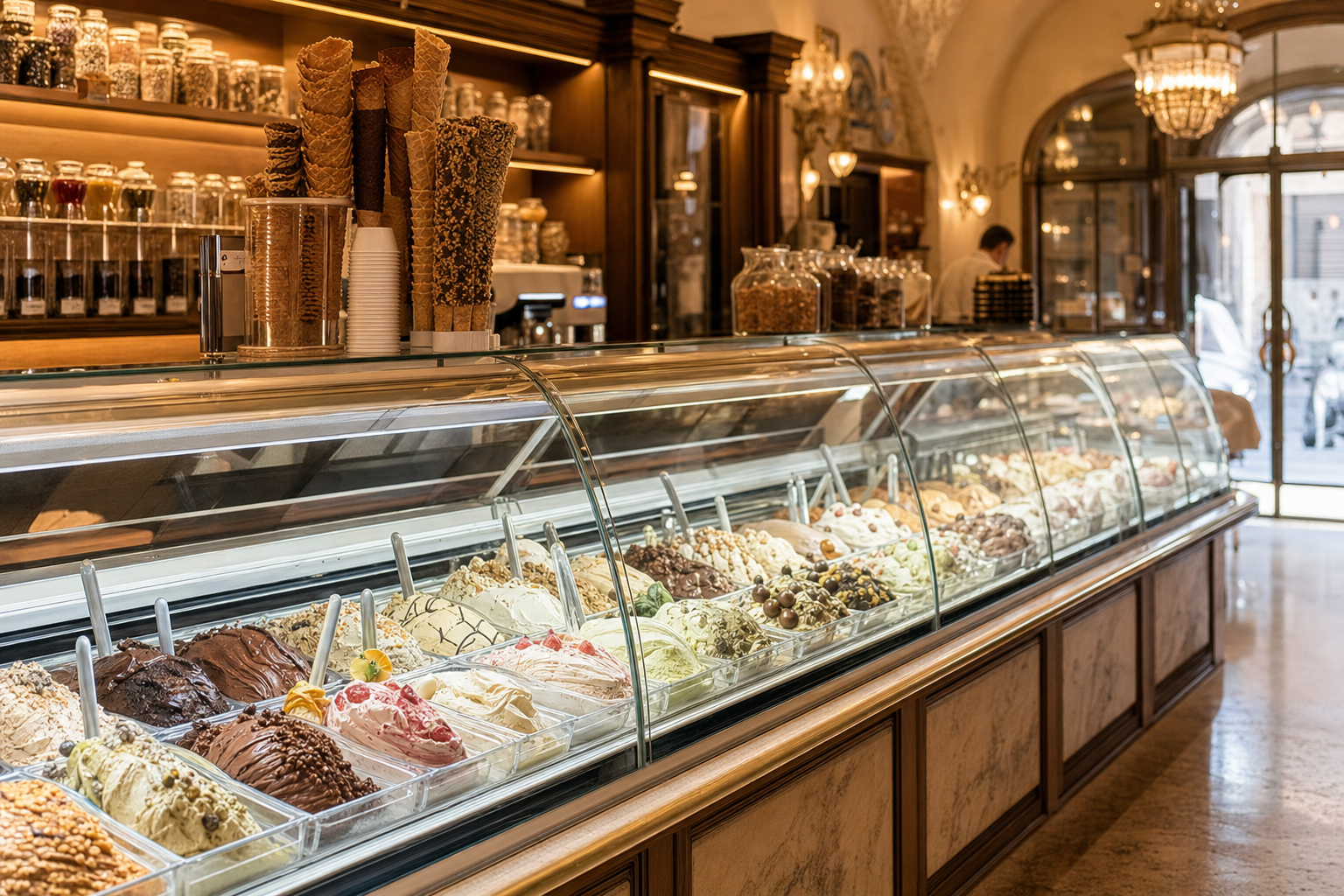 Helados artesanales italianos exhibidos en una tradicional gelateria de Roma con cucuruchos y sabores naturales.