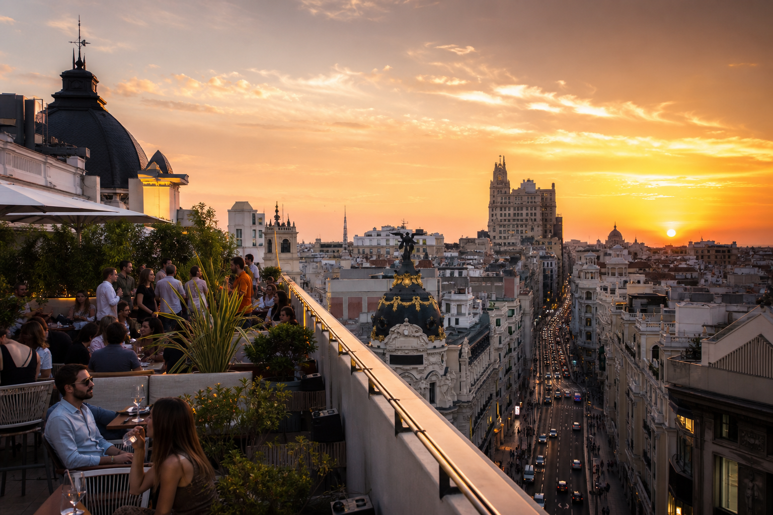 Vista panorámica de los rooftops de Madrid al atardecer con la Gran Vía y edificios históricos de fondo.