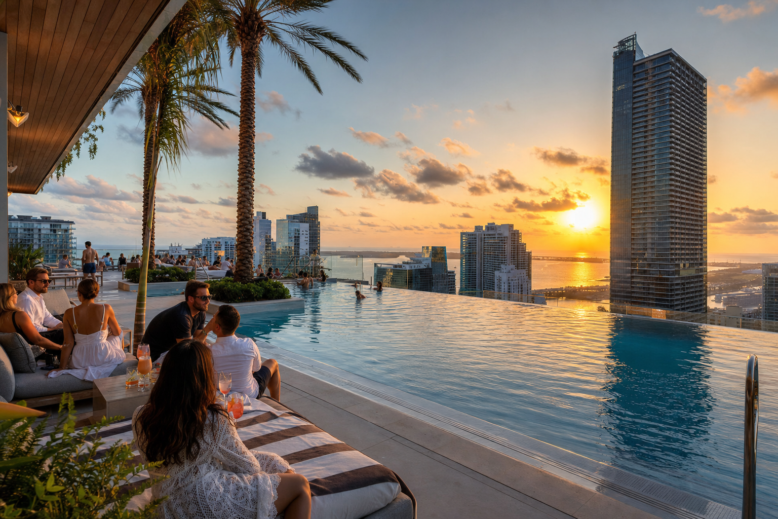 Rooftop en Miami con vista al skyline de Brickell, la bahía y el atardecer tropical.
