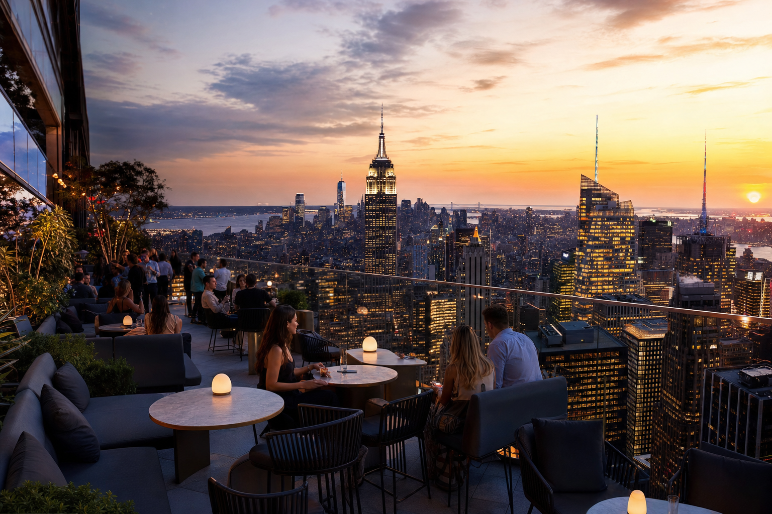 Rooftop en Nueva York con vistas al skyline de Manhattan al atardecer y personas disfrutando la terraza.