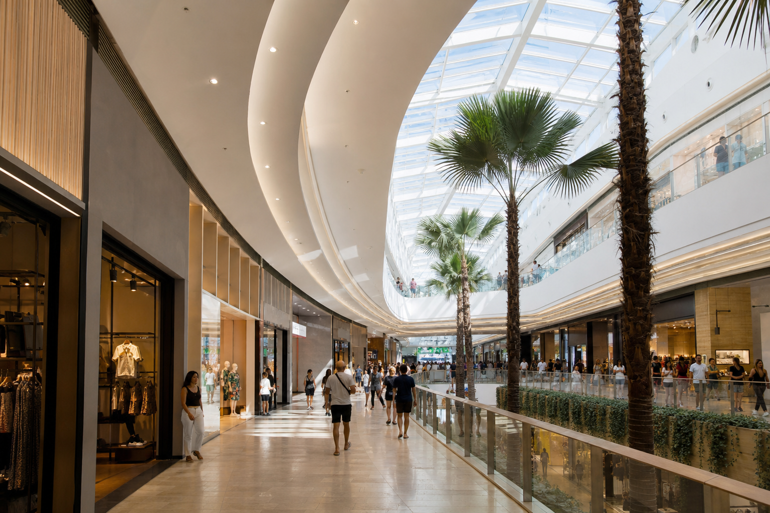 Interior de un moderno shopping de Río de Janeiro con tiendas, restaurantes y visitantes recorriendo el centro comercial.
