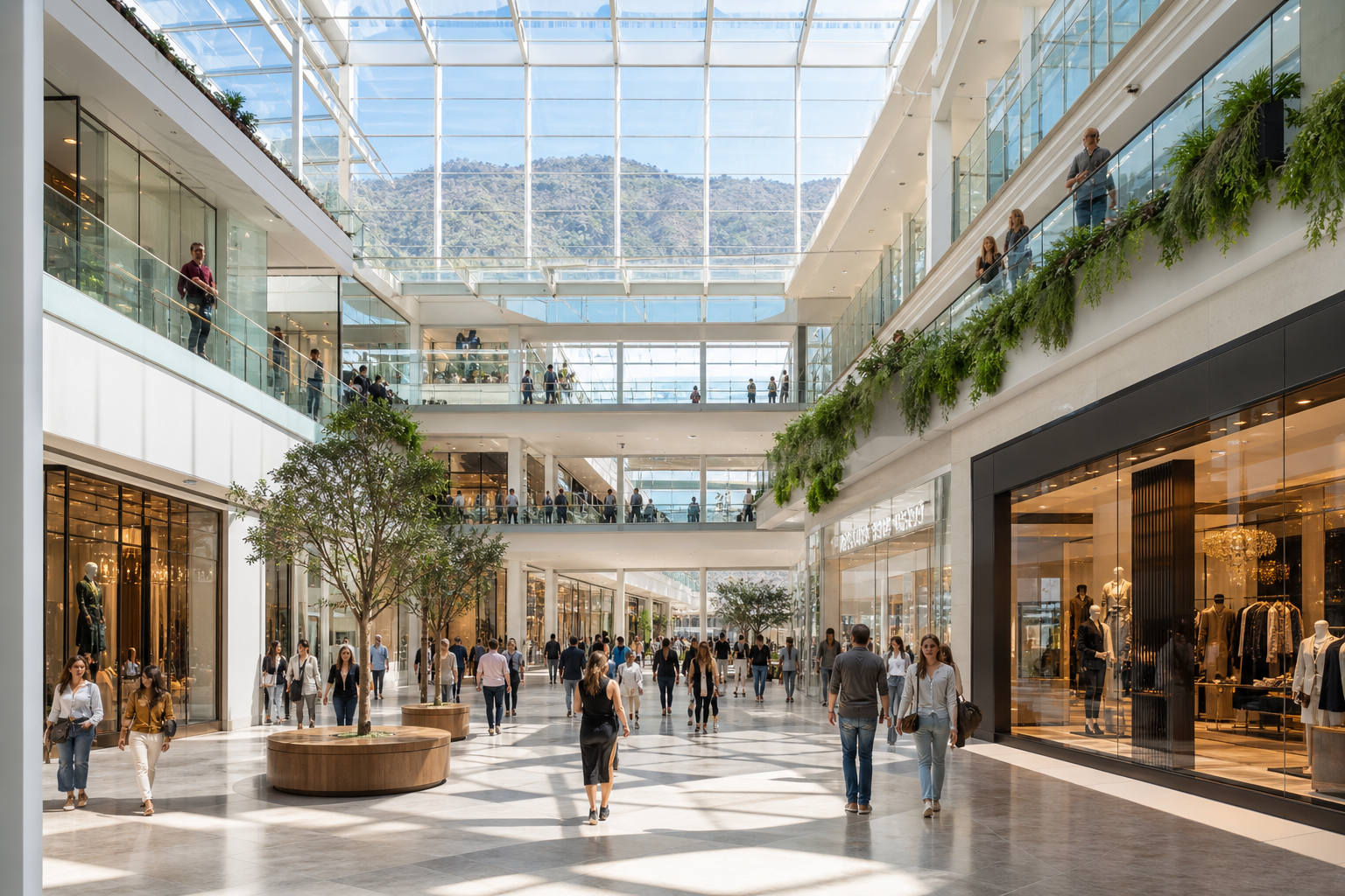 Interior de un moderno shopping en Santiago de Chile con locales de moda, visitantes y luz natural.