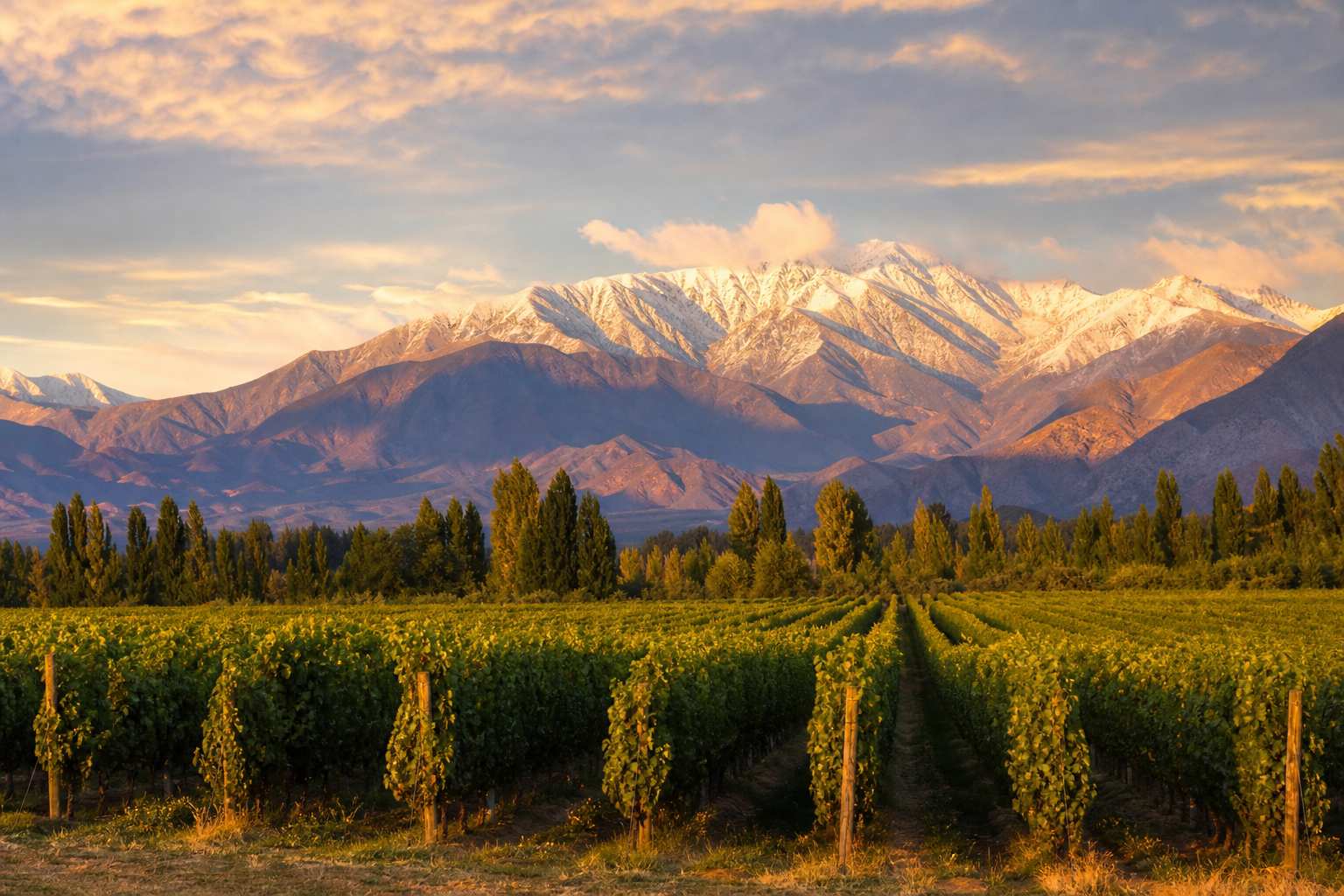 Vista de los viñedos de Mendoza con la Cordillera de los Andes nevada al fondo durante un día soleado.