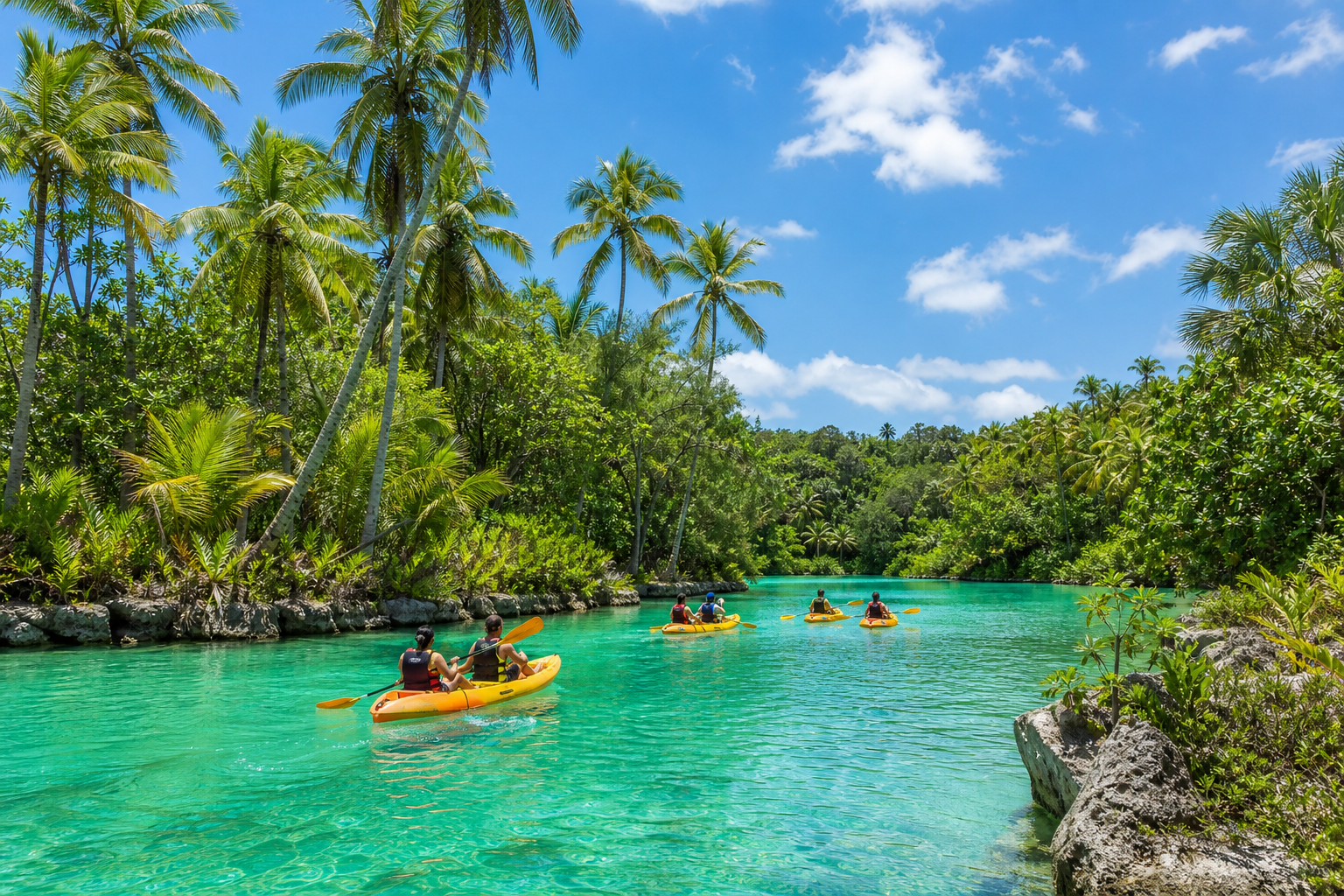Paisaje de Punta Cana con una laguna natural, selva tropical y turistas realizando actividades al aire libre.