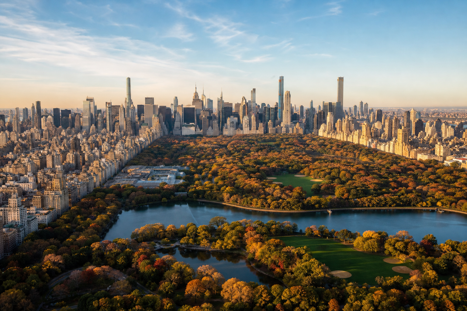 Vista panorámica de Central Park con senderos, lagos, árboles y el skyline de Manhattan al fondo en un día soleado.