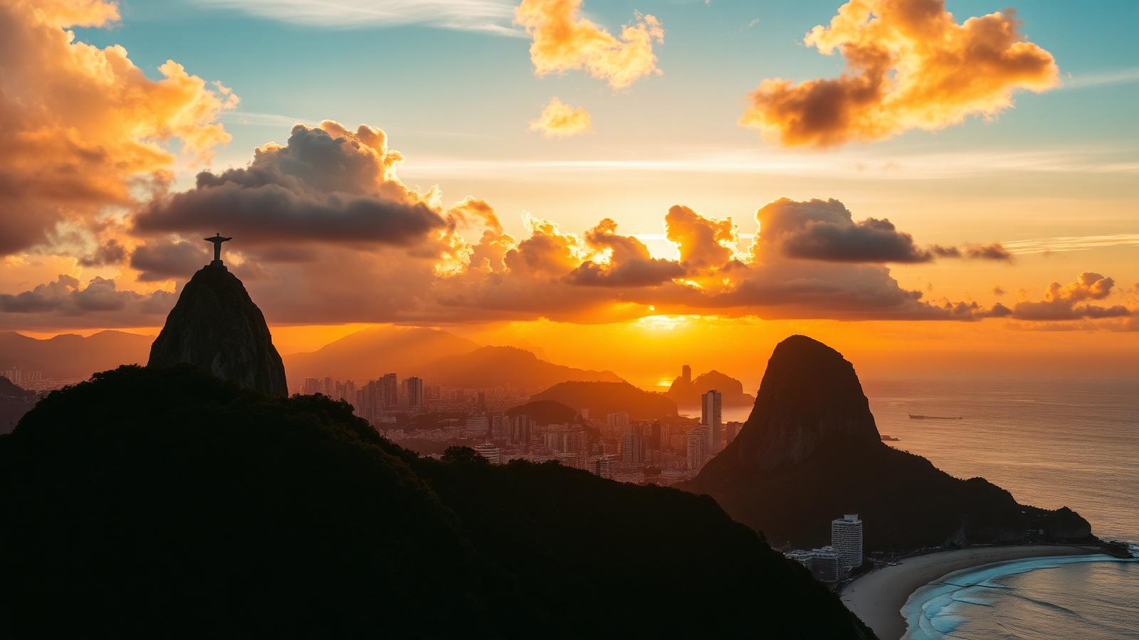 Vista panorámica de Río de Janeiro con el Cristo Redentor, el Pan de Azúcar y la bahía