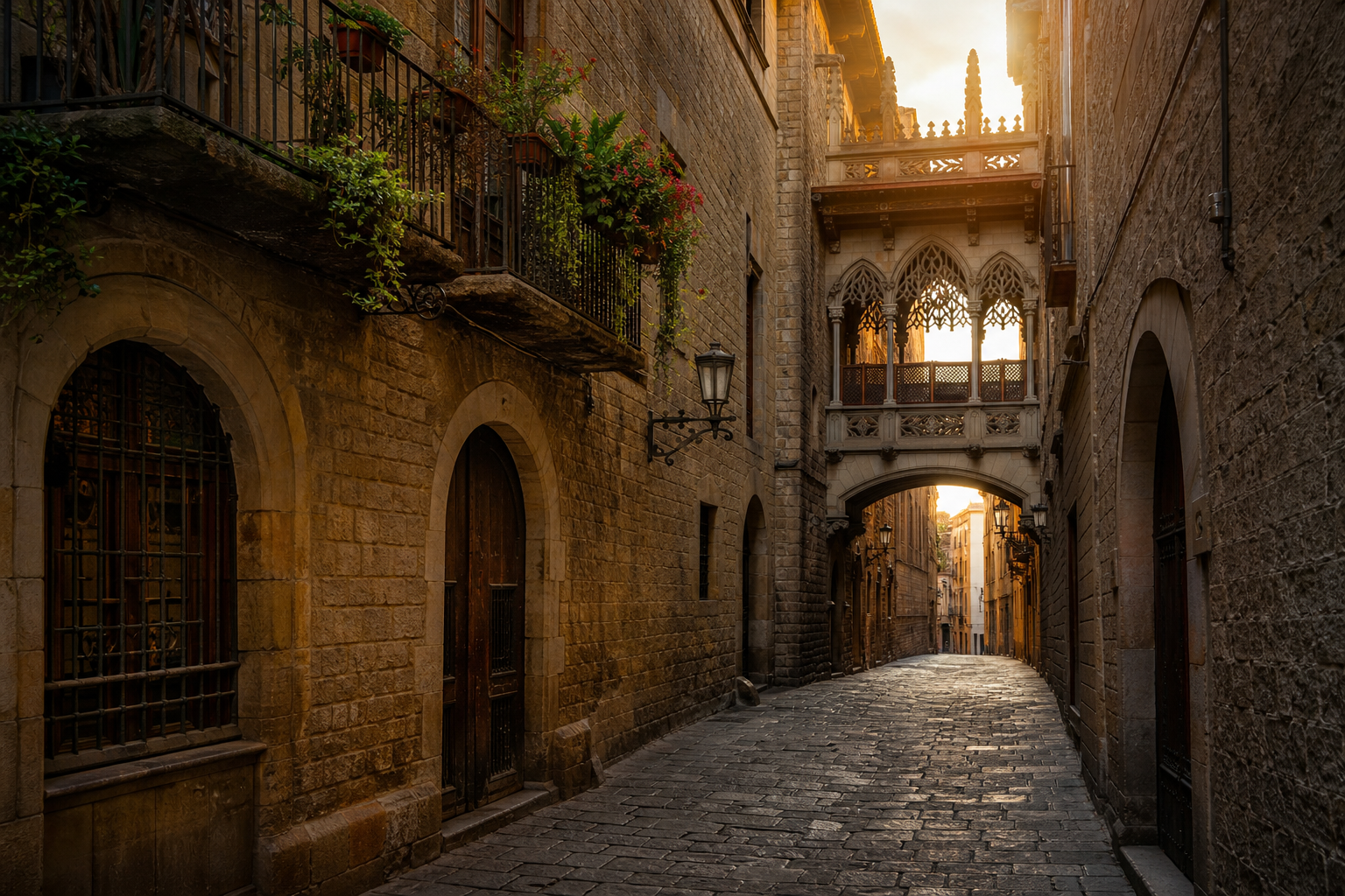 Callejón histórico y rincón escondido de Barcelona con arquitectura modernista y ambiente tranquilo.