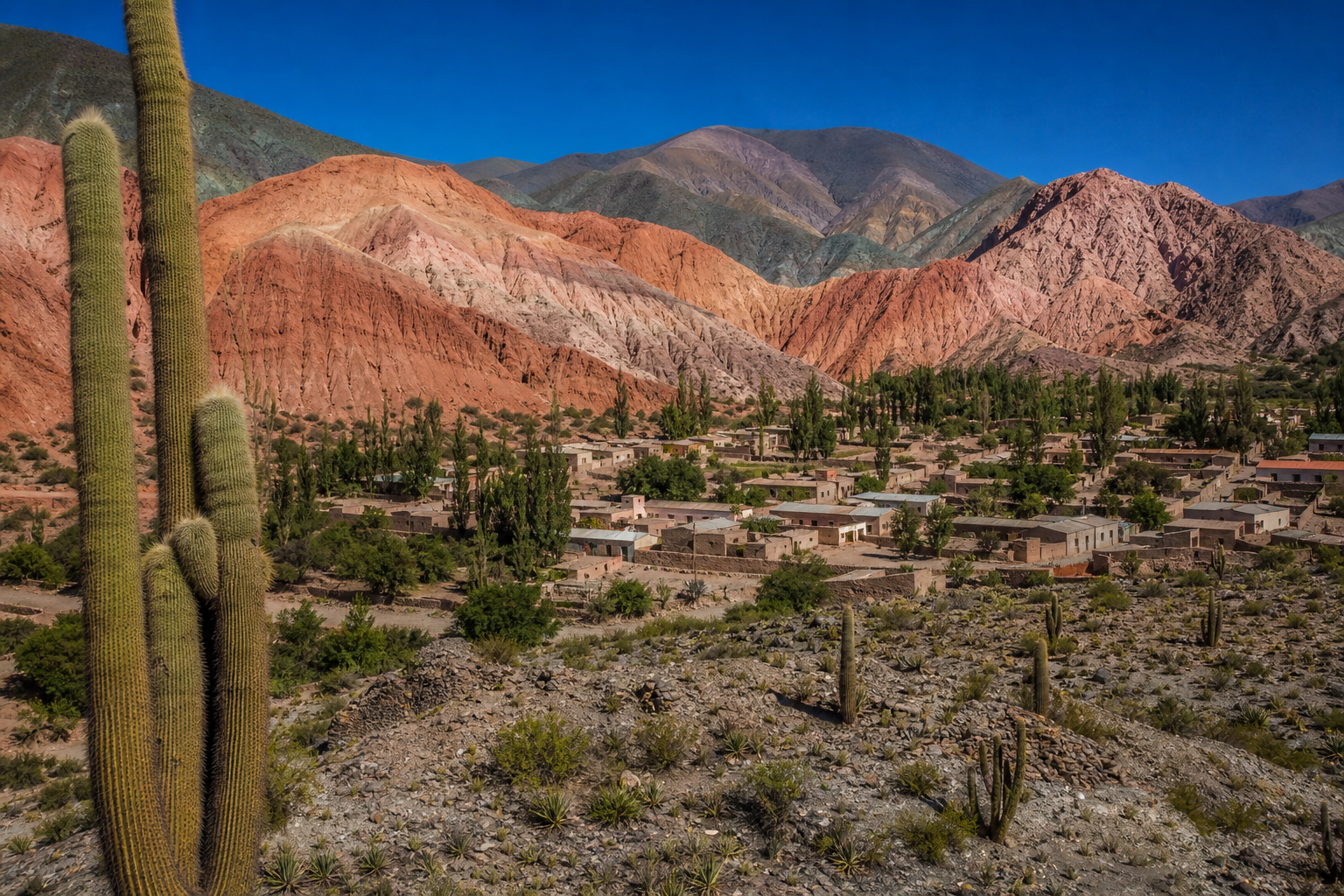 Paisaje de Jujuy con cerros multicolores, un pequeño pueblo andino y un camino de tierra atravesando la quebrada.